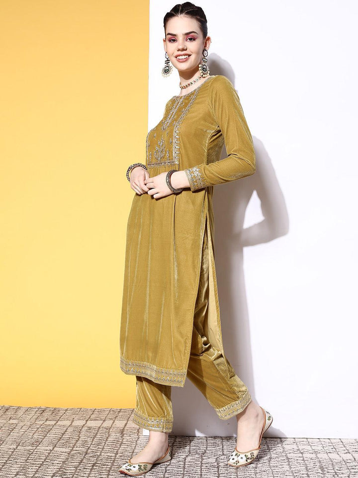 Lime Green Yoke Design Velvet Straight Suit Set - ShopLibas