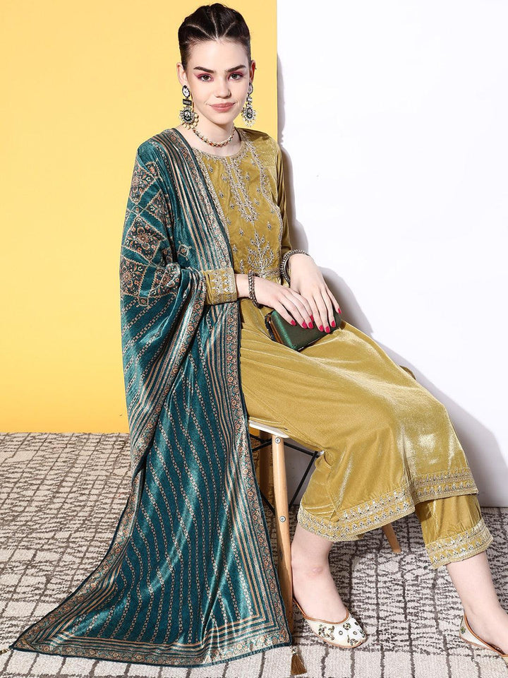 Lime Green Yoke Design Velvet Straight Suit Set - ShopLibas