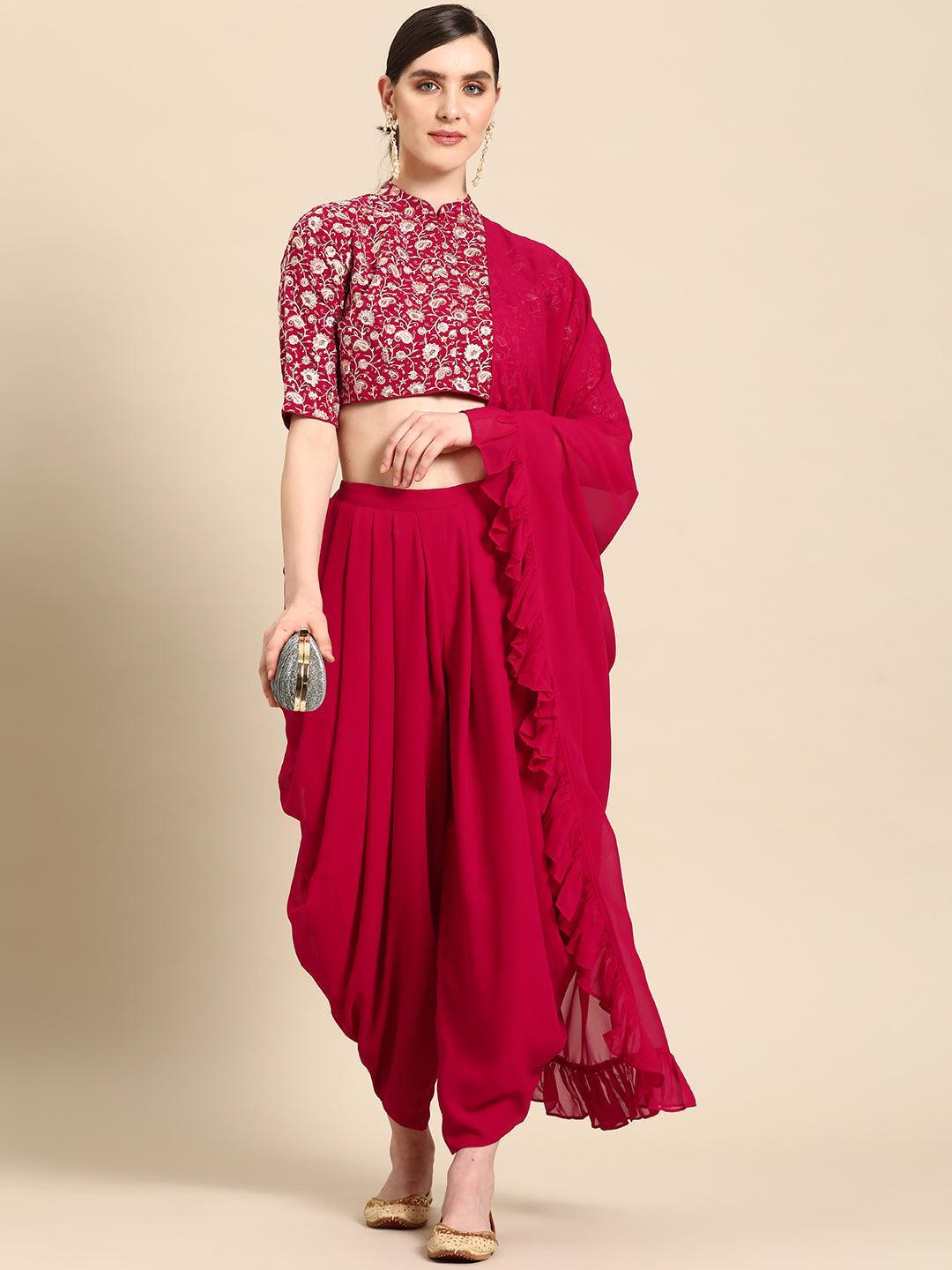 Magenta Embroidered Georgette Dhoti Saree