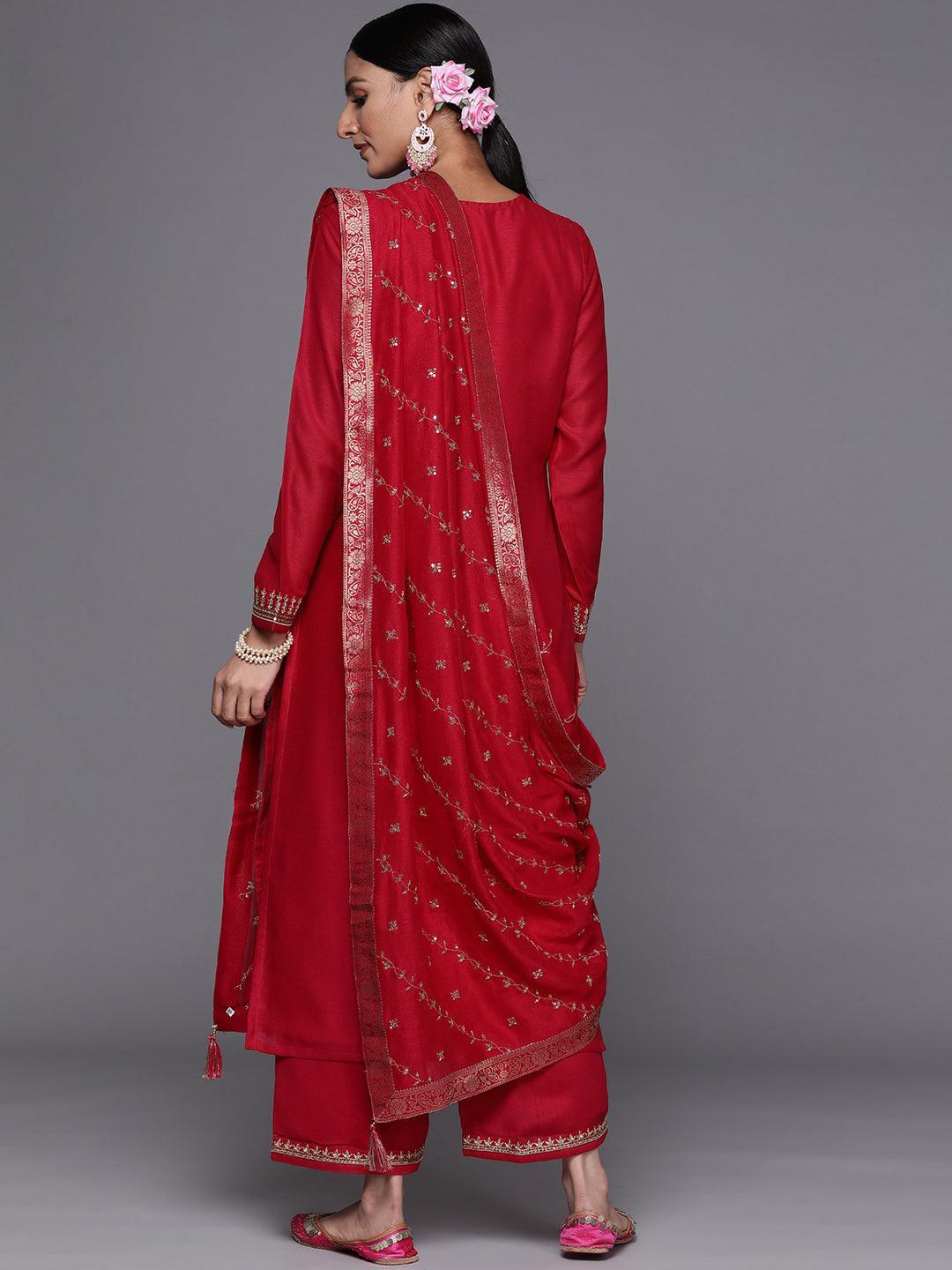 Magenta Embroidered Silk Blend Straight Suit With Dupatta