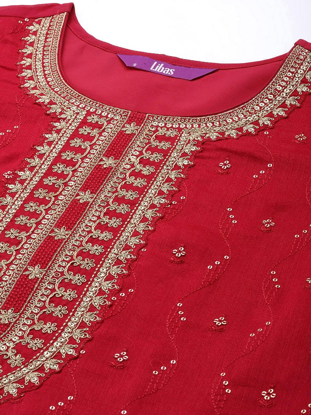 Magenta Embroidered Silk Blend Straight Suit With Dupatta