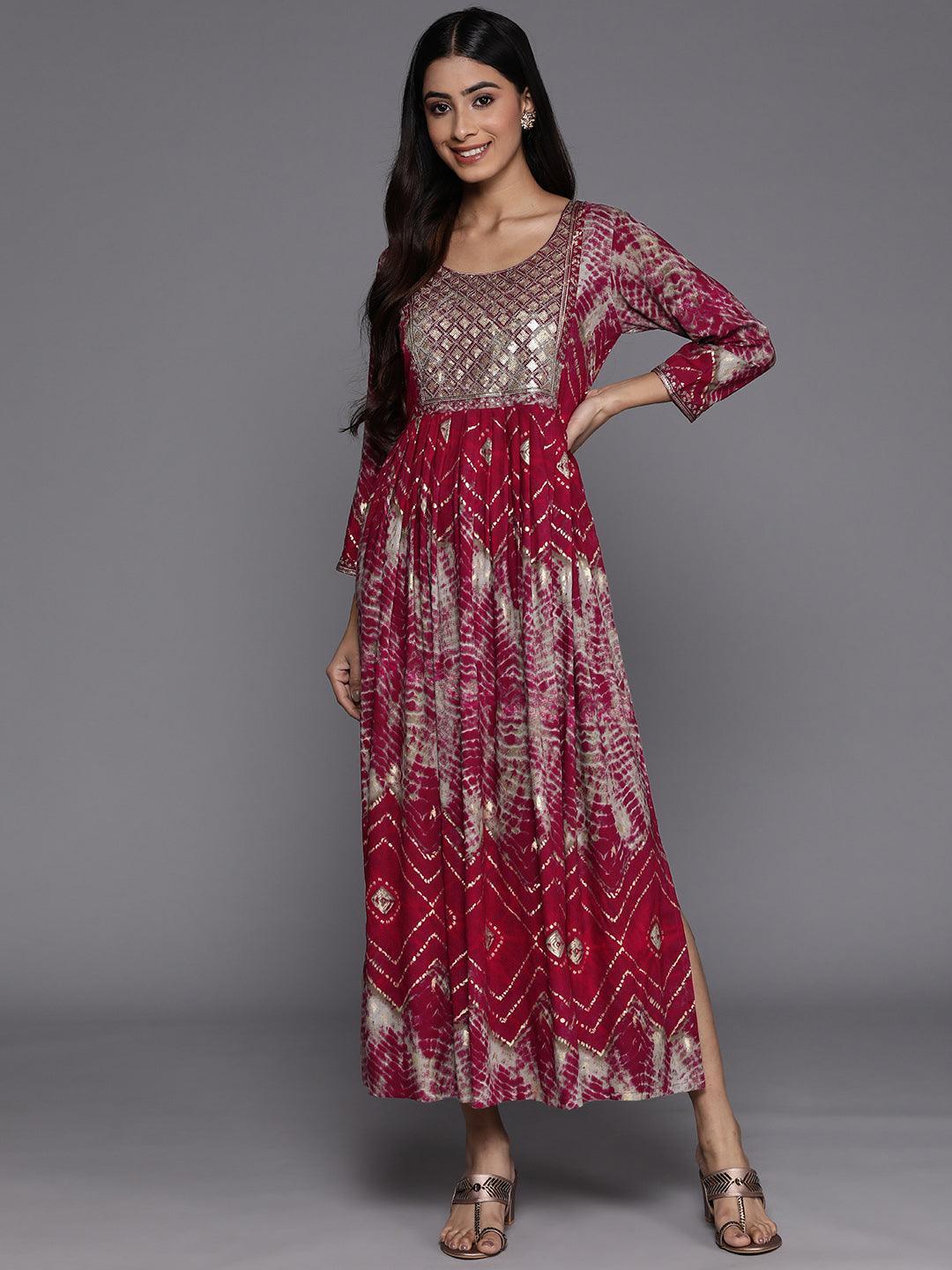 Magenta Printed Fit and Flare Rayon Dress