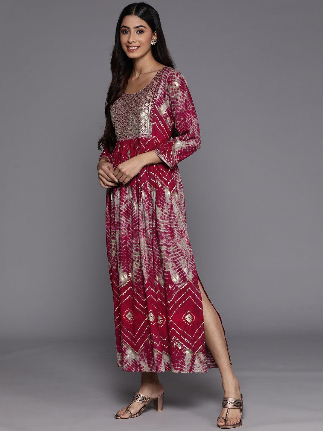 Magenta Printed Fit and Flare Rayon Dress - ShopLibas