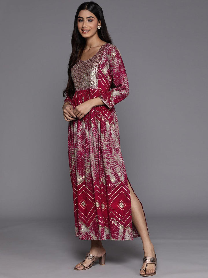 Magenta Printed Fit and Flare Rayon Dress - ShopLibas