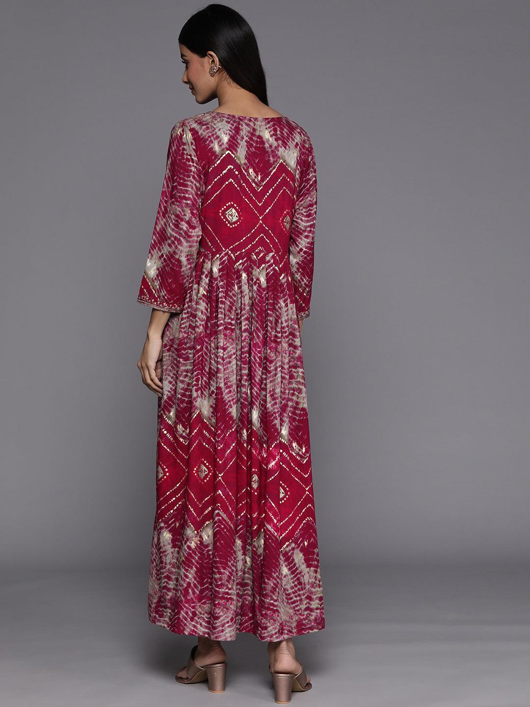 Magenta Printed Fit and Flare Rayon Dress