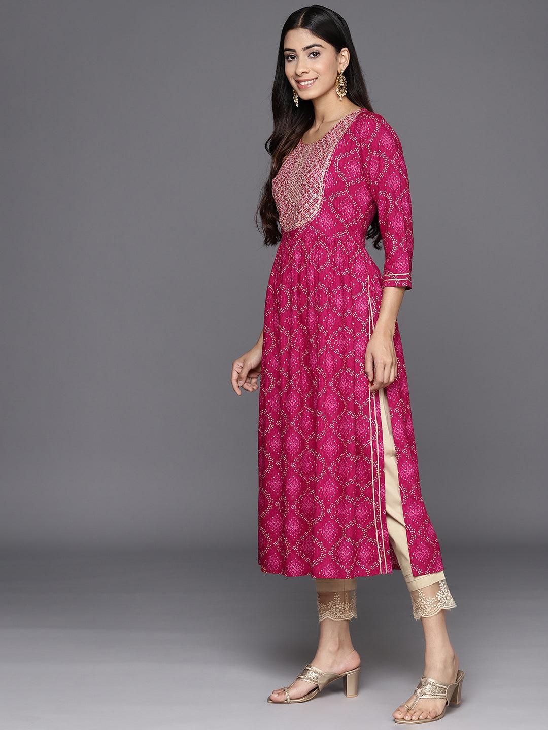 Magenta Printed Rayon A-Line Kurta