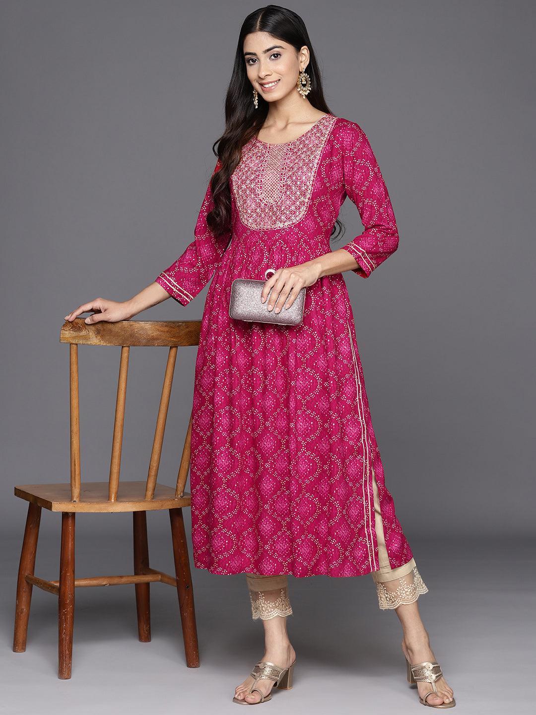 Magenta Printed Rayon A-Line Kurta