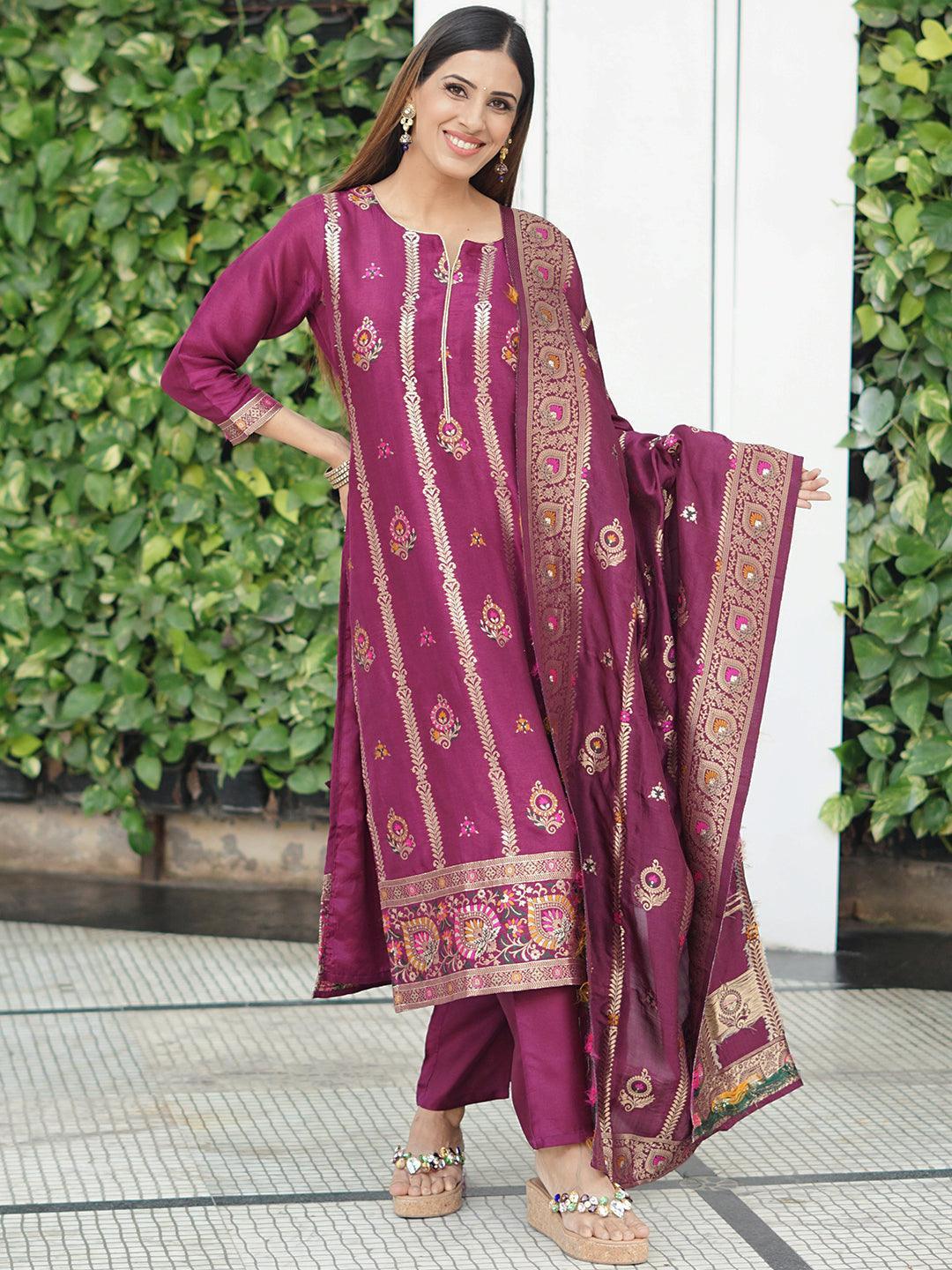 Magenta Self Design Silk Blend Straight Suit Set