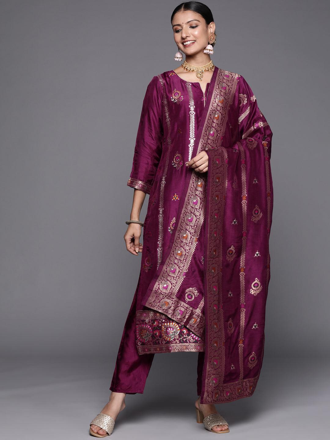 Magenta Self Design Silk Blend Straight Suit Set