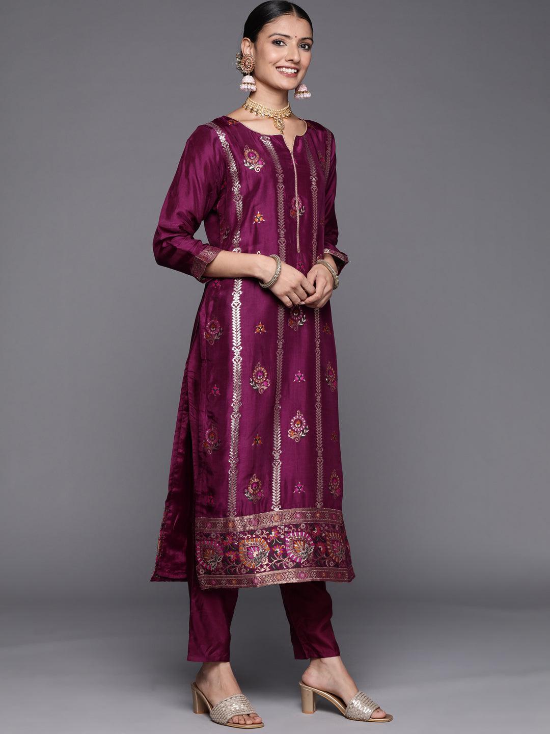 Magenta Self Design Silk Blend Straight Suit Set