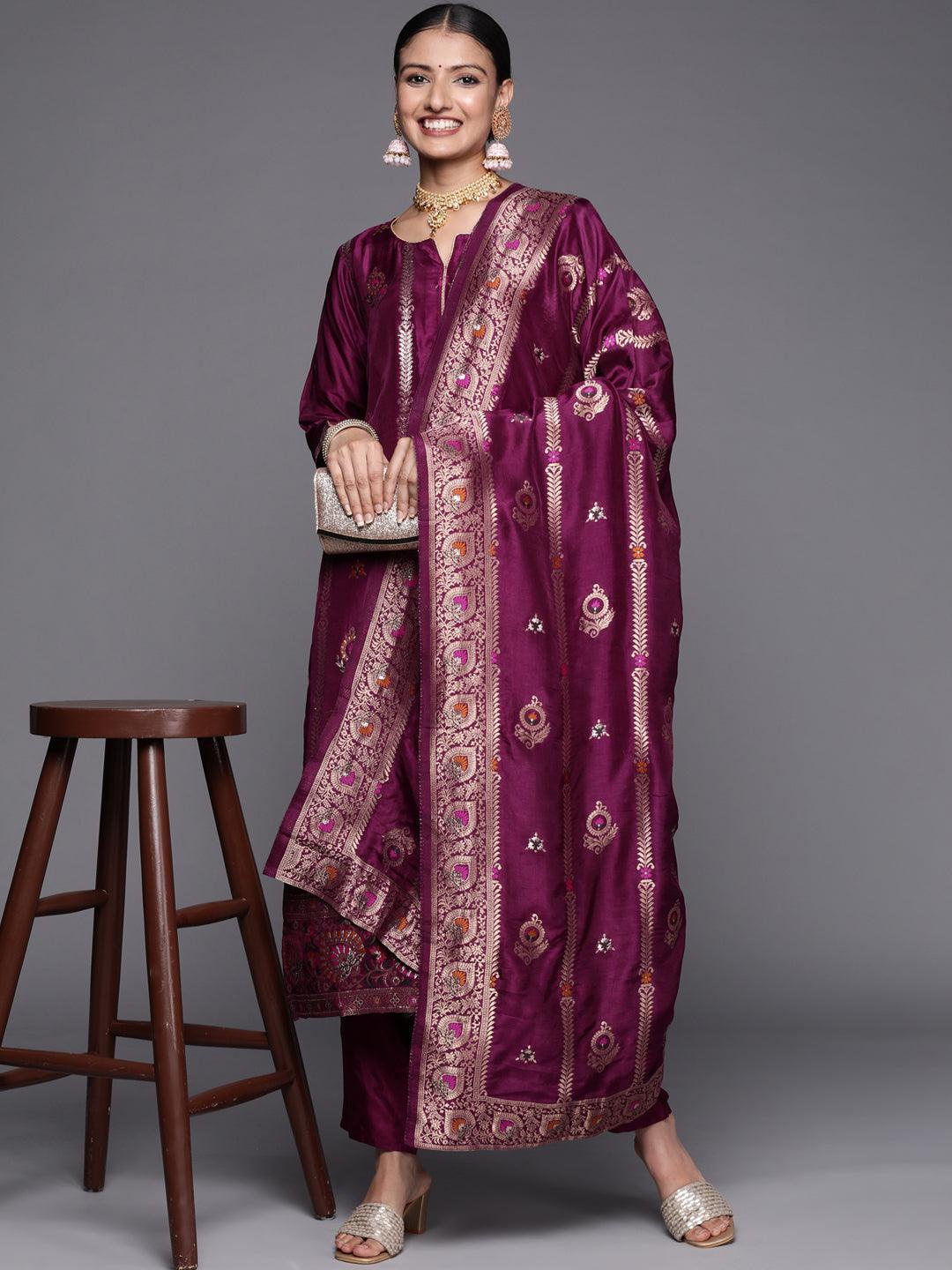 Magenta Self Design Silk Blend Straight Suit Set