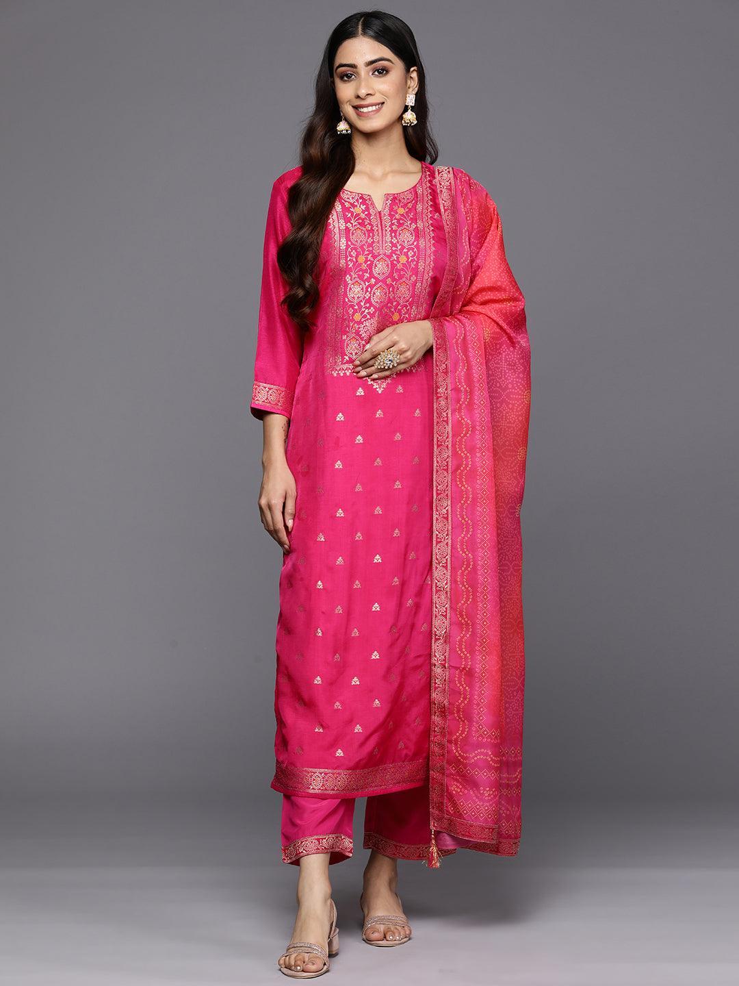 Magenta Self Design Silk Blend Straight Suit Set With Trousers