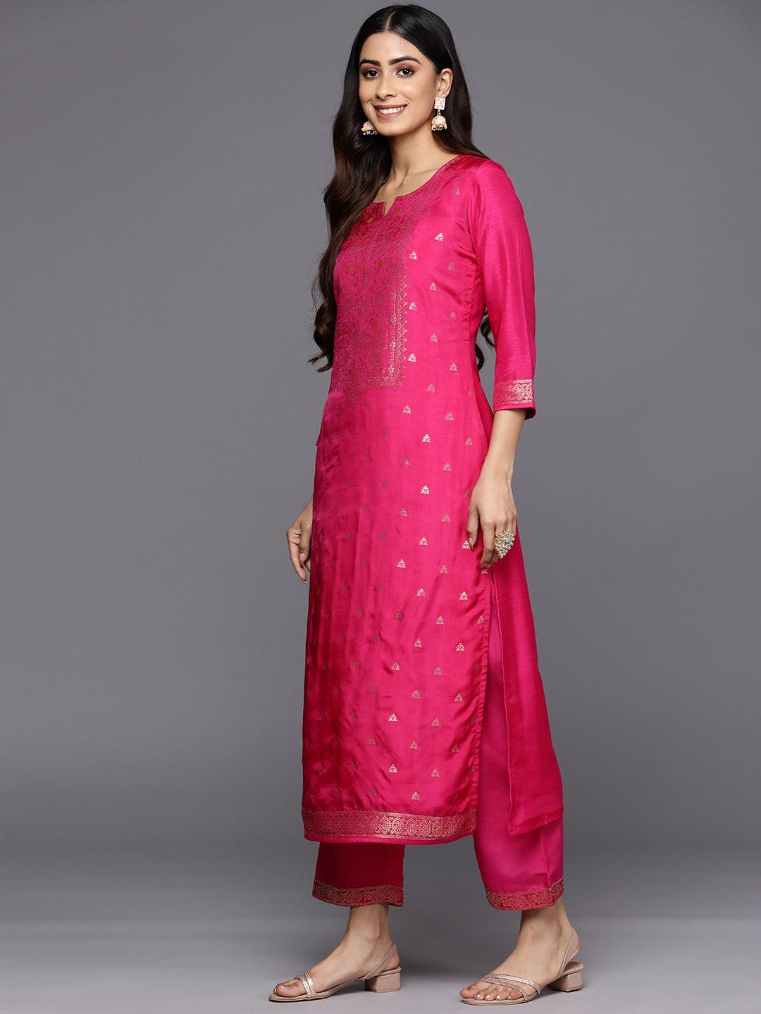 Magenta Self Design Silk Blend Straight Suit Set With Trousers - ShopLibas