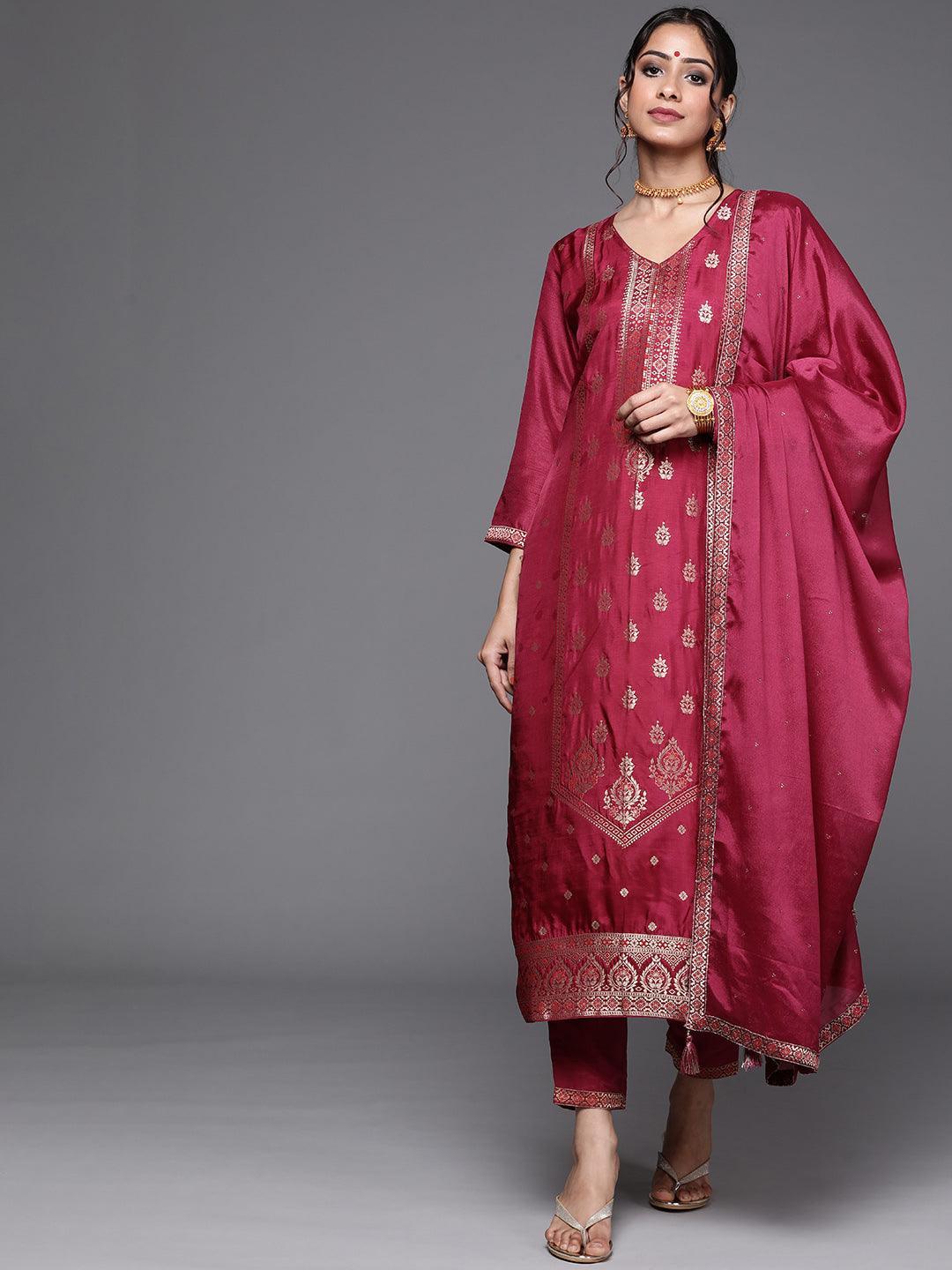 Magenta Self Design Silk Straight Kurta With Dupatta