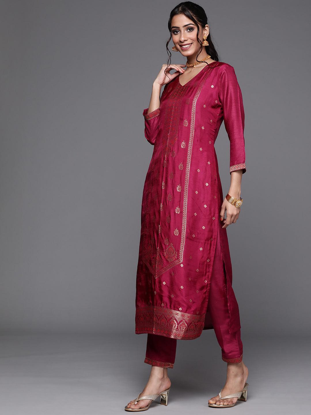 Magenta Self Design Silk Straight Kurta With Dupatta