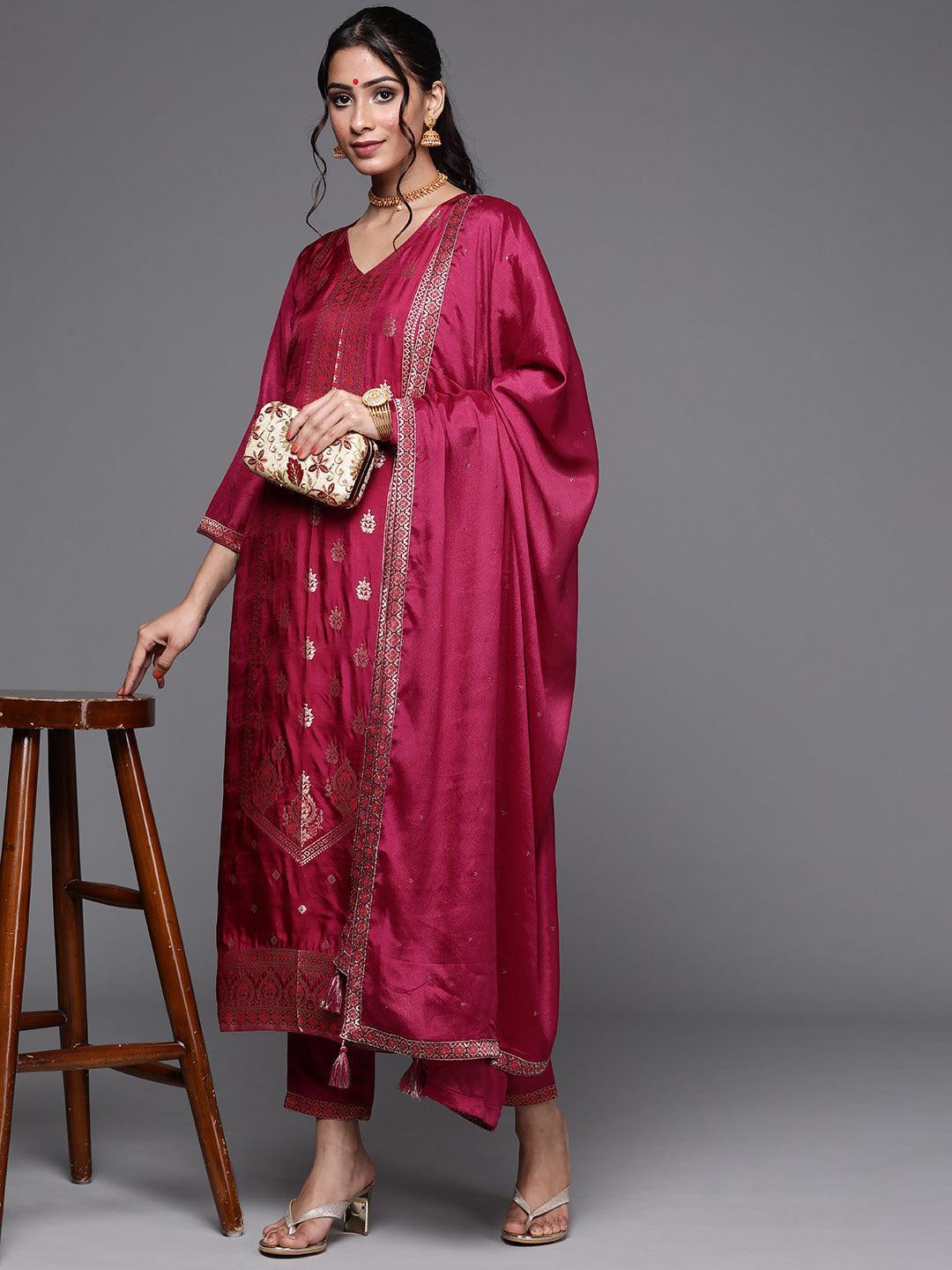 Magenta Self Design Silk Straight Kurta With Dupatta