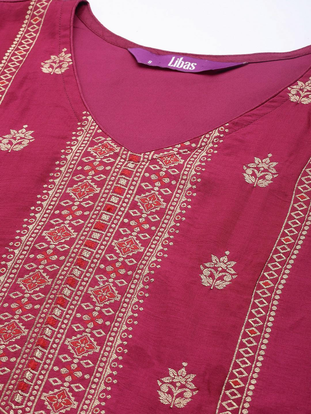 Magenta Self Design Silk Straight Kurta With Dupatta