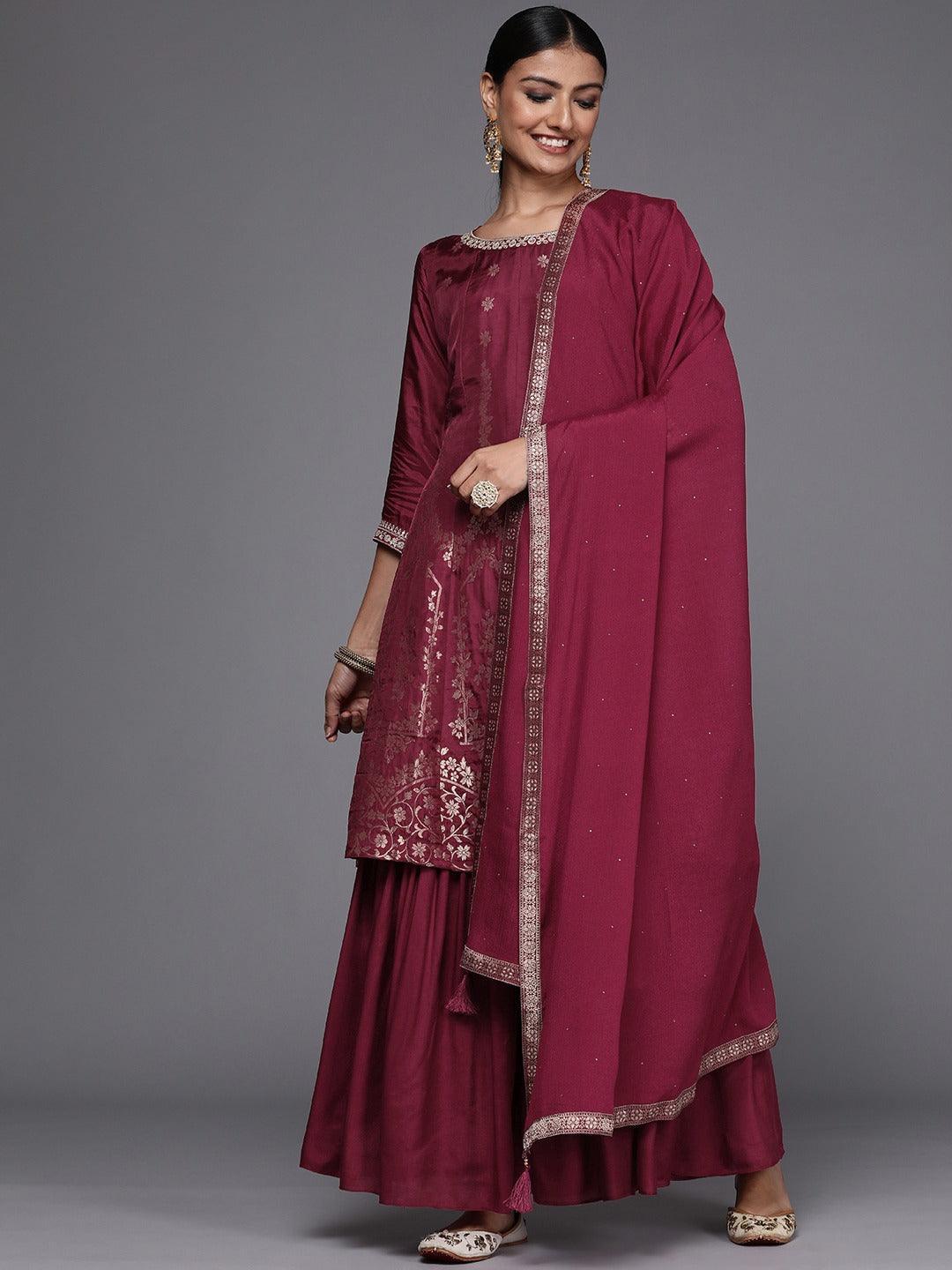 Maroon Brocade Silk Blend A-Line Suit Set