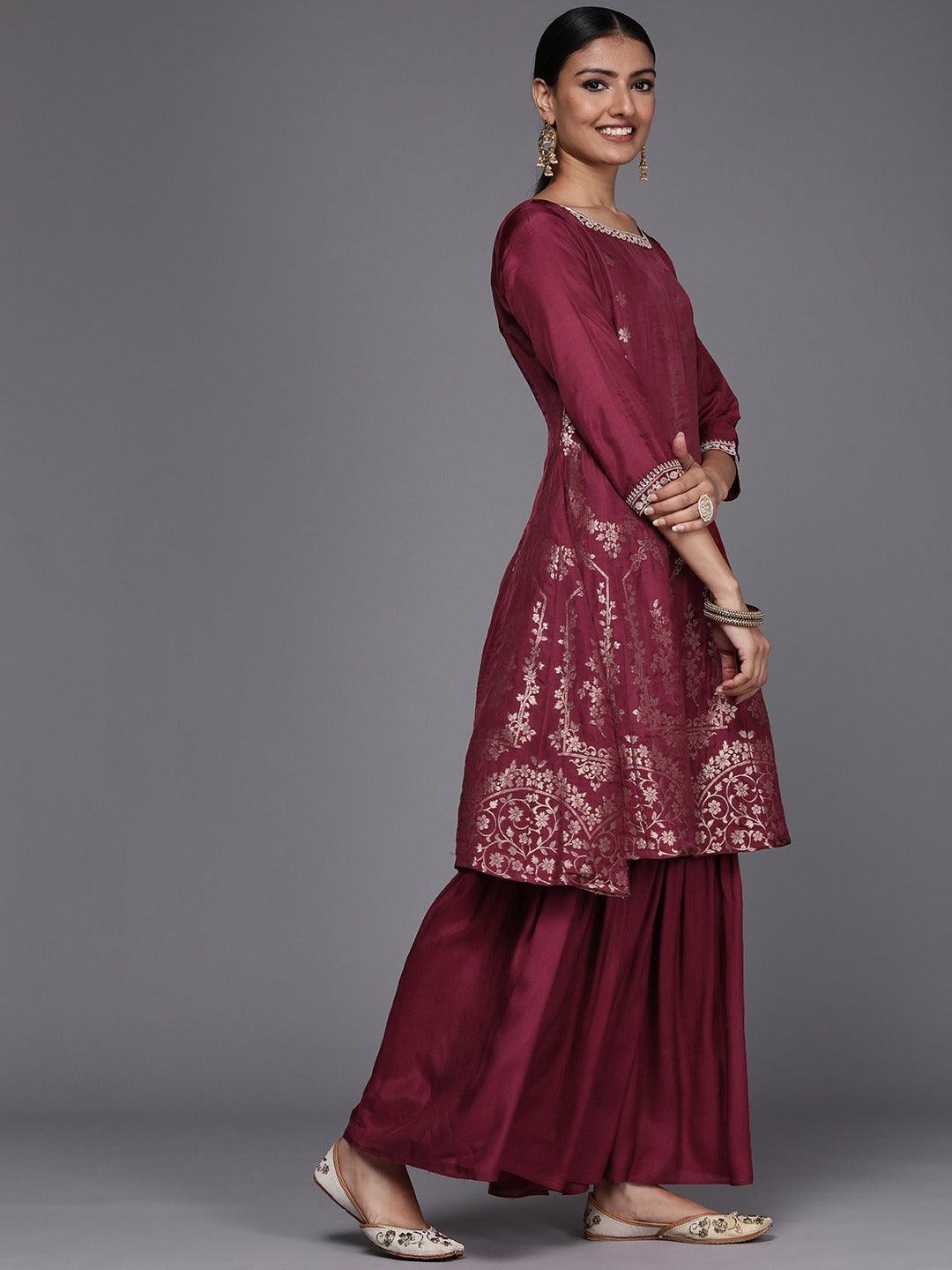 Maroon Brocade Silk Blend A-Line Suit Set