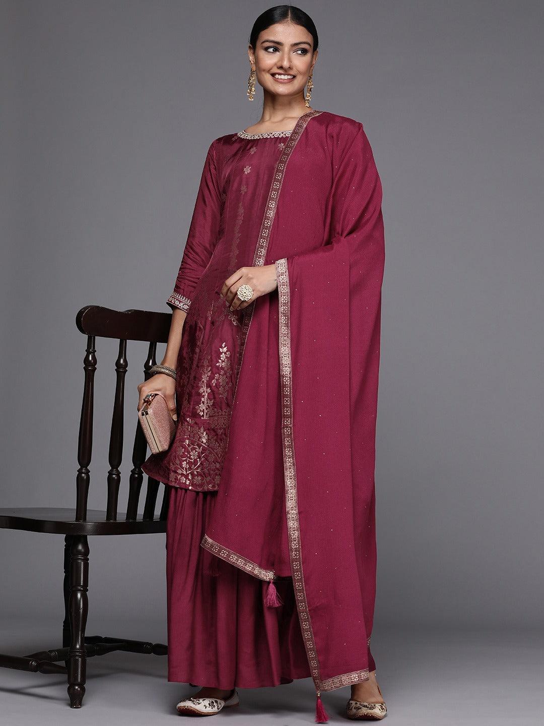 Maroon Brocade Silk Blend A-Line Suit Set