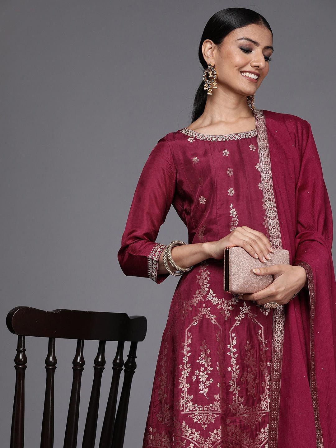 Maroon Brocade Silk Blend A-Line Suit Set