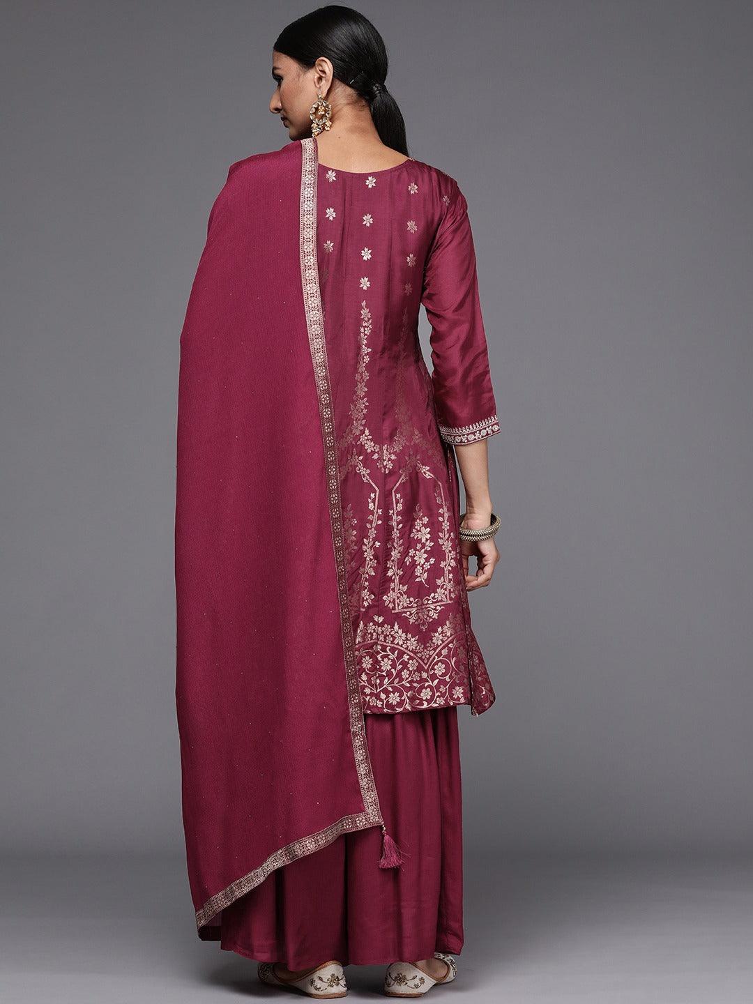 Maroon Brocade Silk Blend A-Line Suit Set