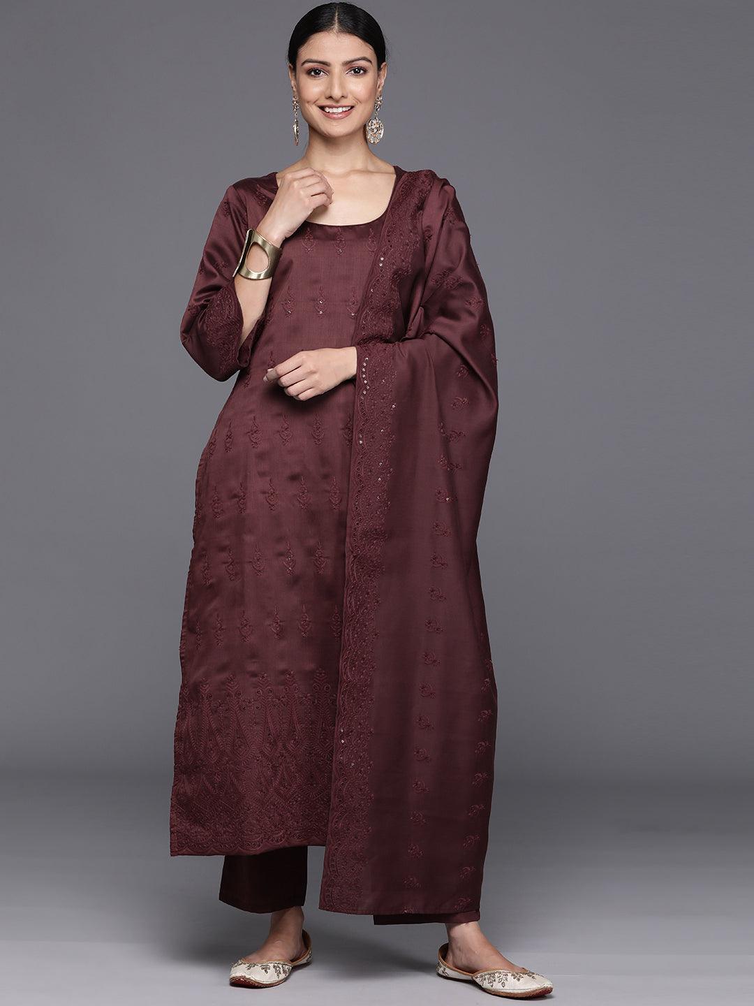 Maroon Embroidered Chanderi Silk Straight Kurta With Trousers & Dupatta