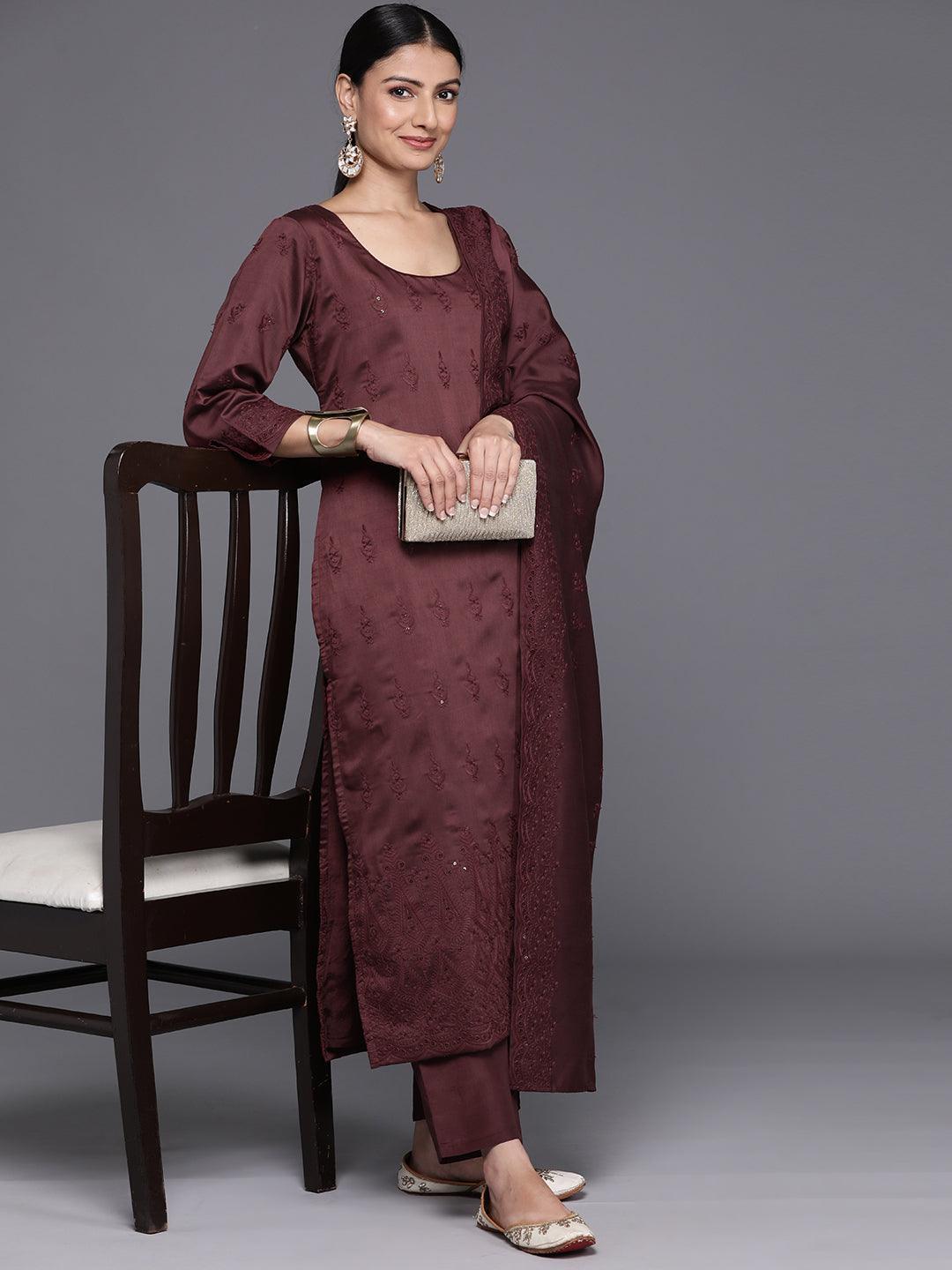 Maroon Embroidered Chanderi Silk Straight Kurta With Trousers & Dupatta