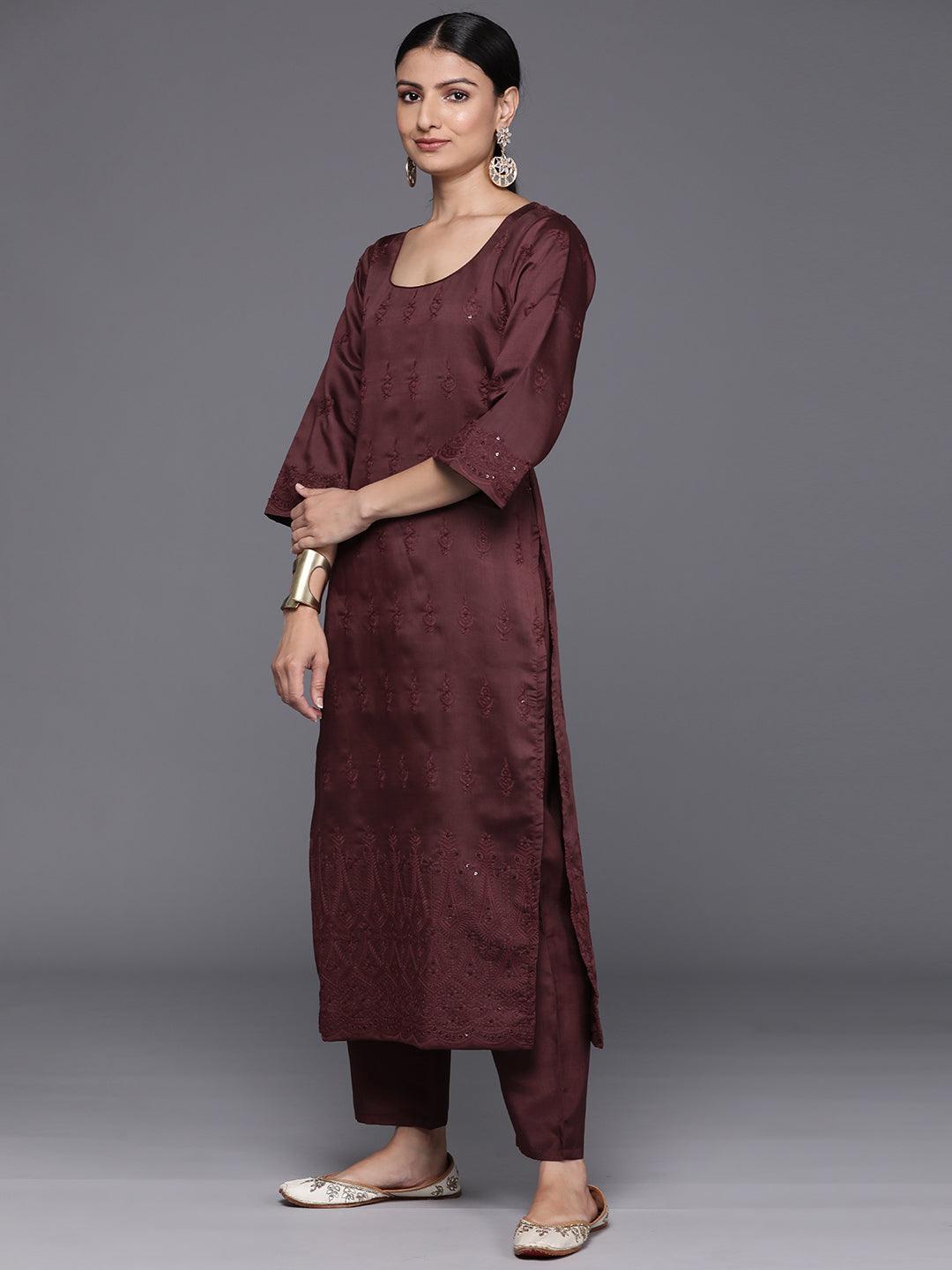 Maroon Embroidered Chanderi Silk Straight Kurta With Trousers & Dupatta