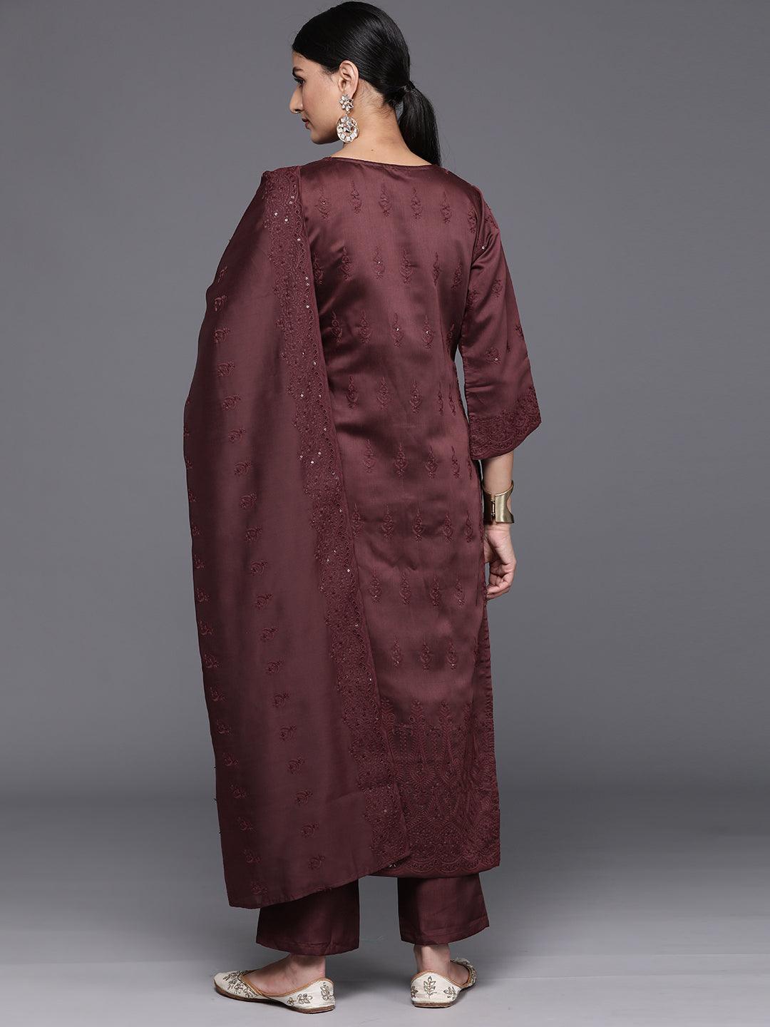 Maroon Embroidered Chanderi Silk Straight Kurta With Trousers & Dupatta