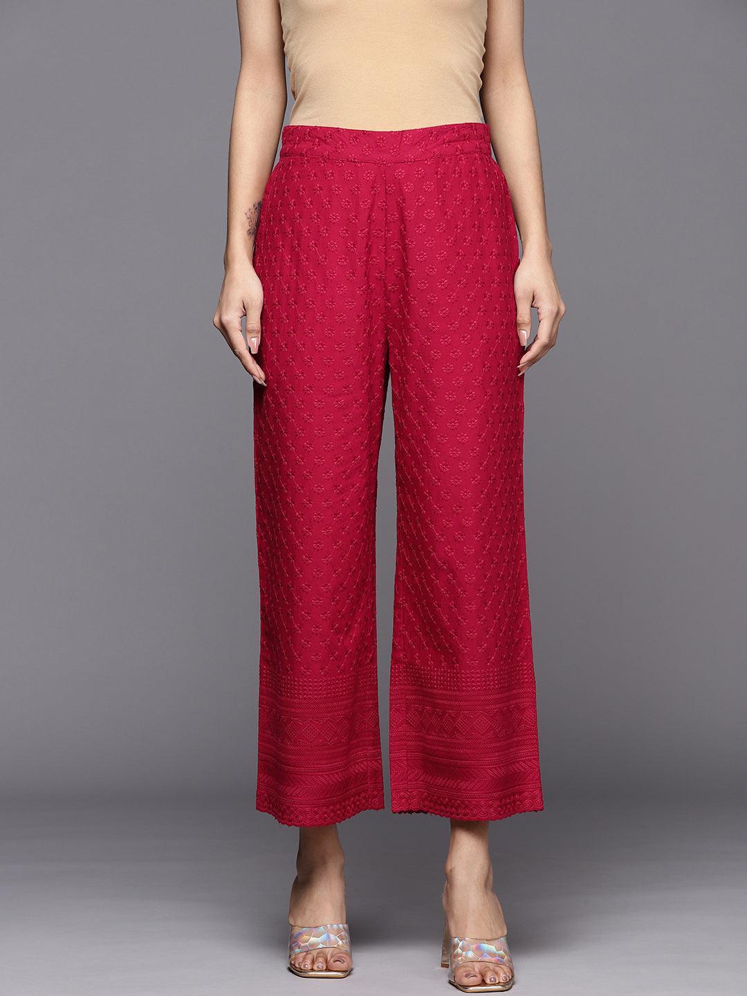 Maroon Embroidered Cotton Palazzos - ShopLibas