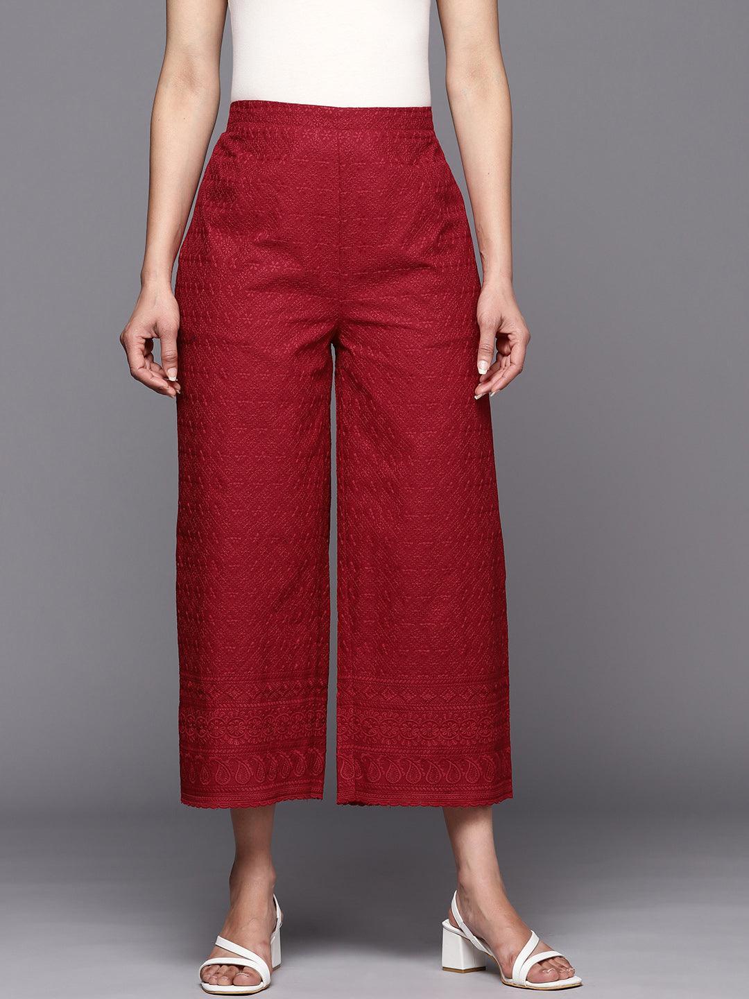 Maroon Embroidered Cotton Palazzos