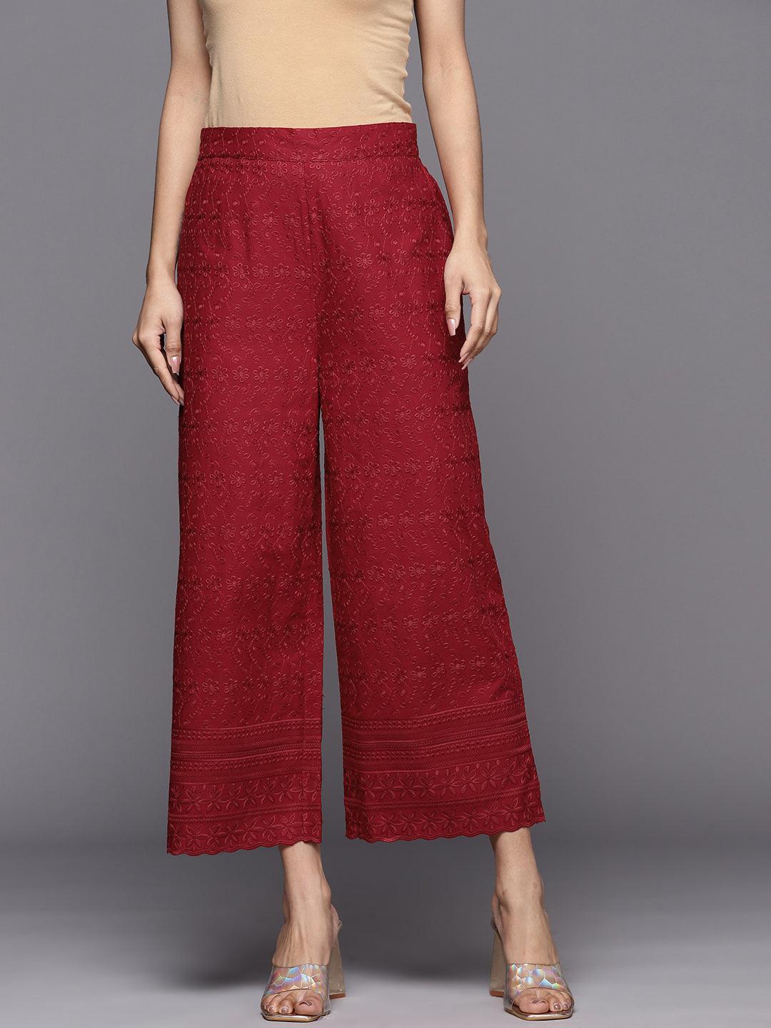 Maroon Embroidered Cotton Palazzos