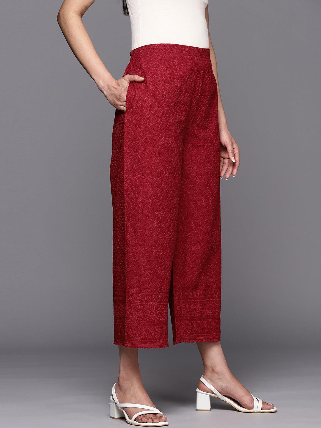 Maroon Embroidered Cotton Palazzos