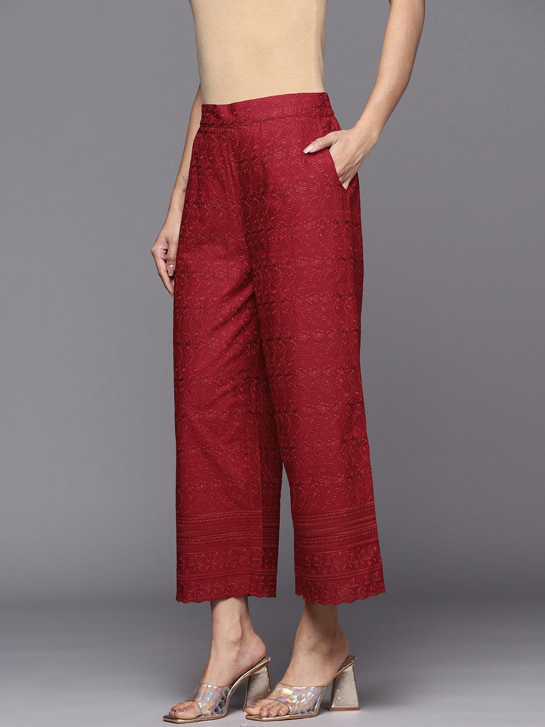 Maroon Embroidered Cotton Palazzos - ShopLibas