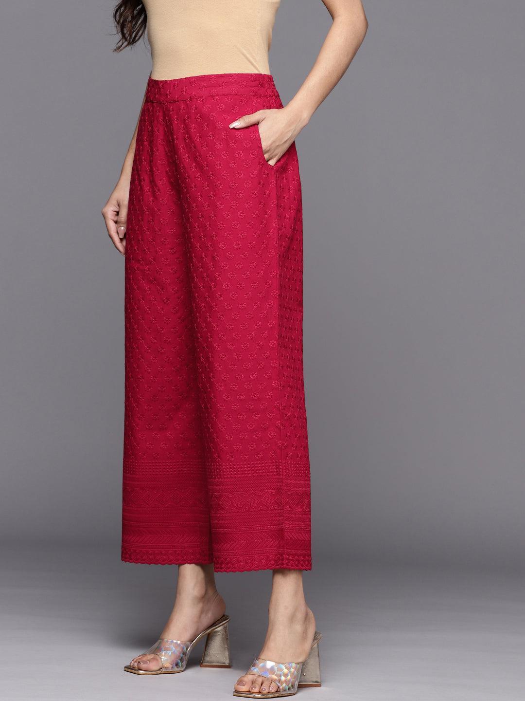 Maroon Embroidered Cotton Palazzos - ShopLibas