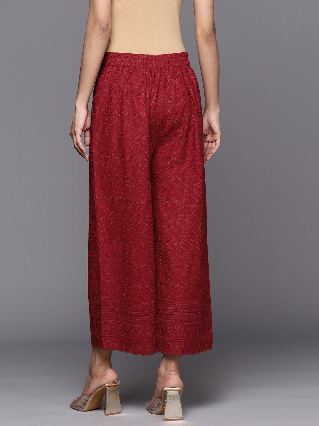 Maroon Embroidered Cotton Palazzos - ShopLibas