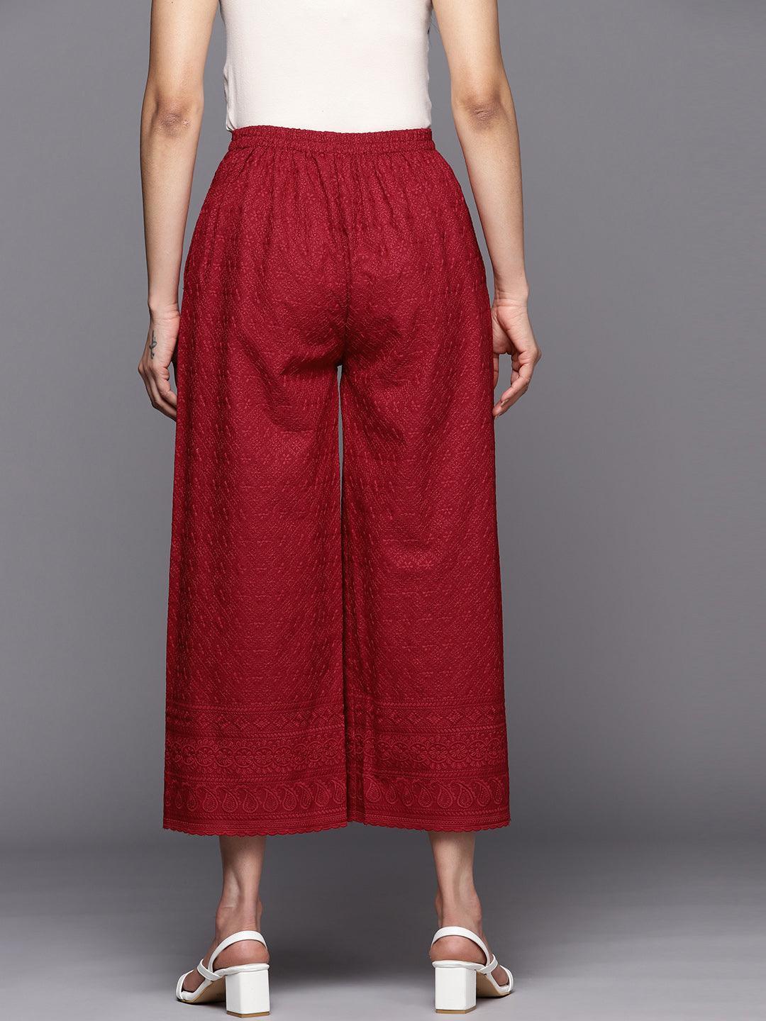 Maroon Embroidered Cotton Palazzos