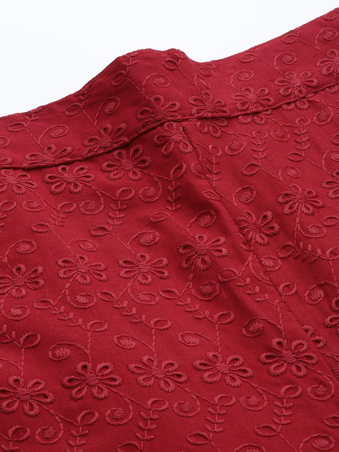 Maroon Embroidered Cotton Palazzos