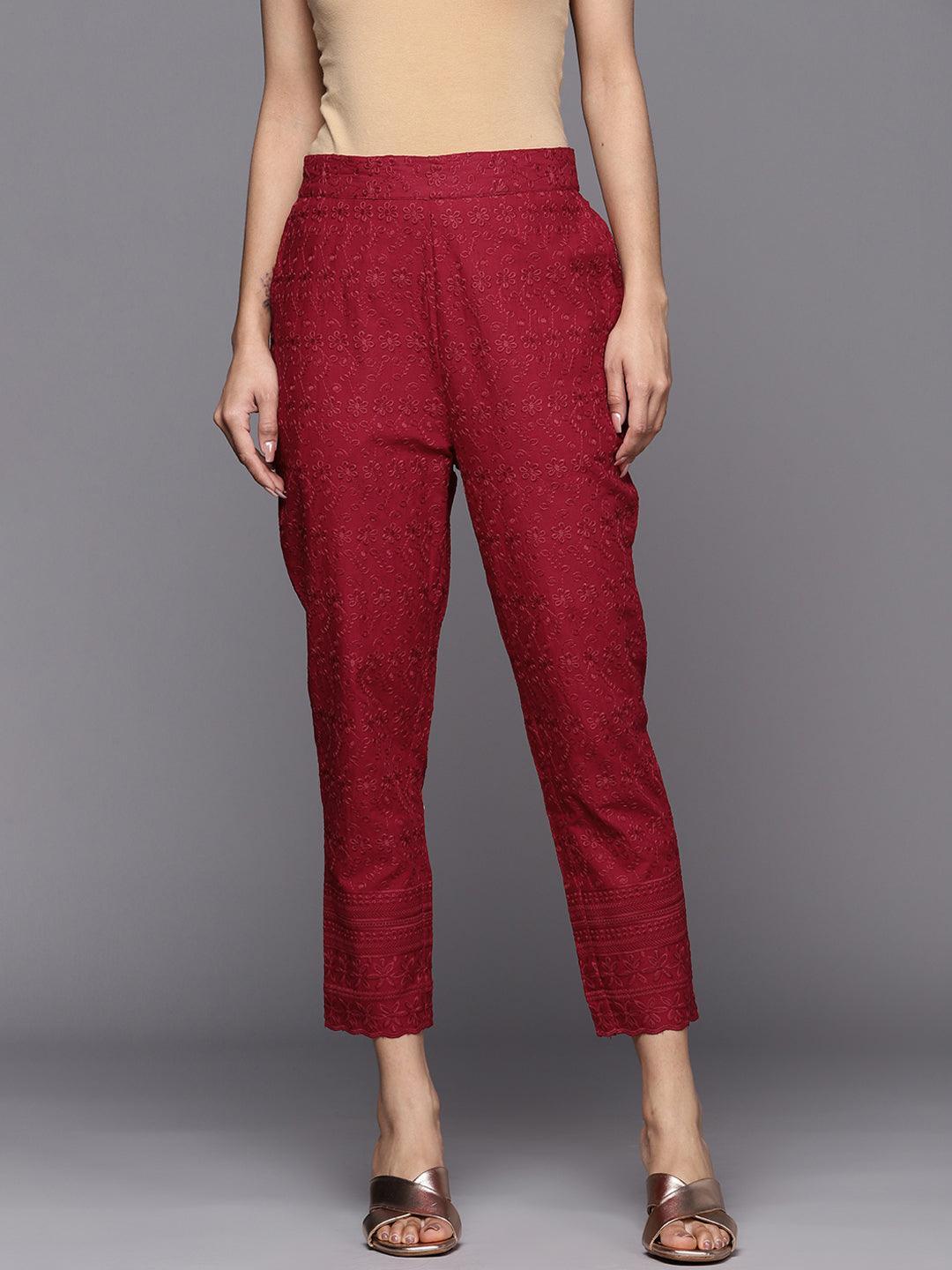 Maroon Embroidered Cotton Trousers - ShopLibas