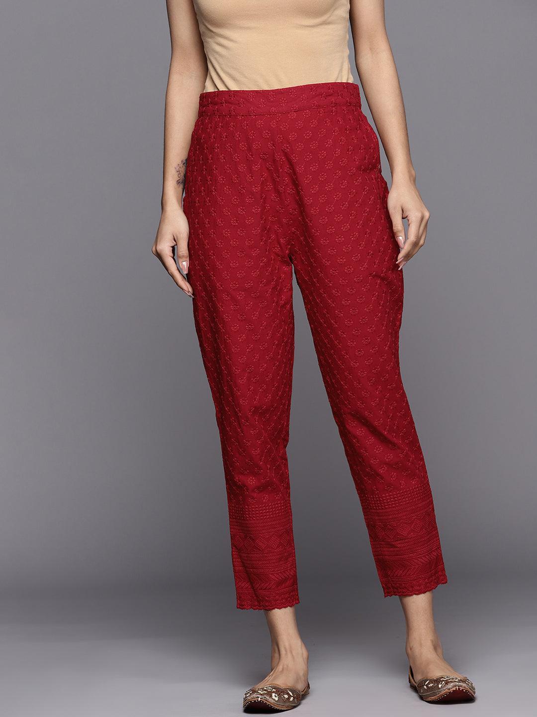 Maroon Embroidered Cotton Trousers - ShopLibas