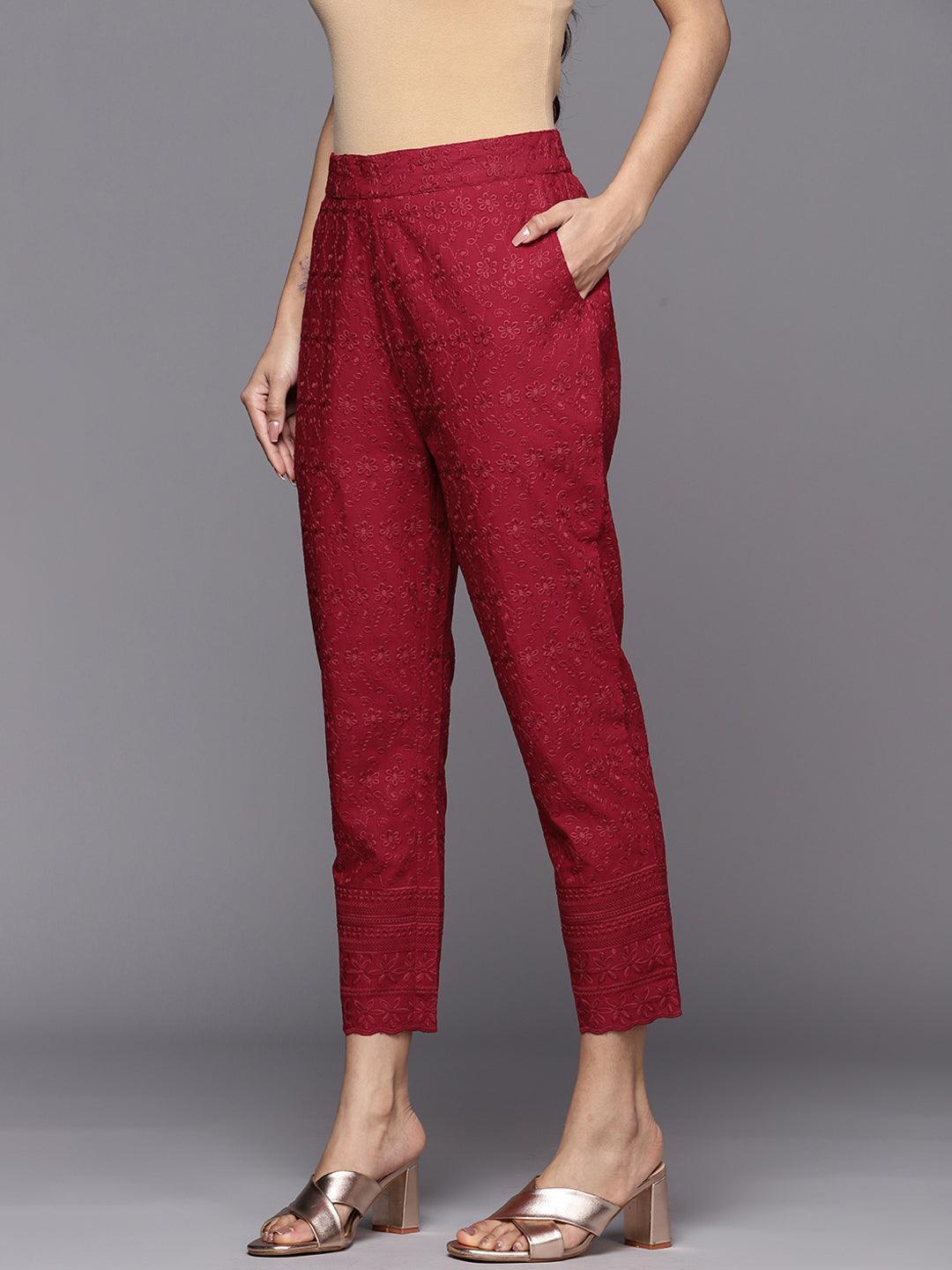 Maroon Embroidered Cotton Trousers - ShopLibas