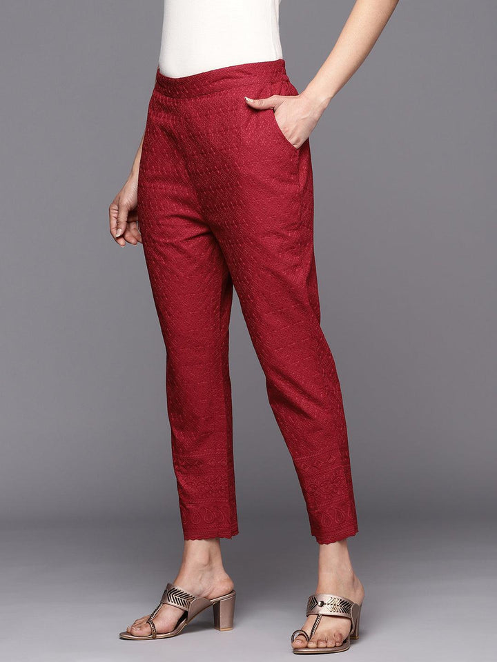 Maroon Embroidered Cotton Trousers - ShopLibas