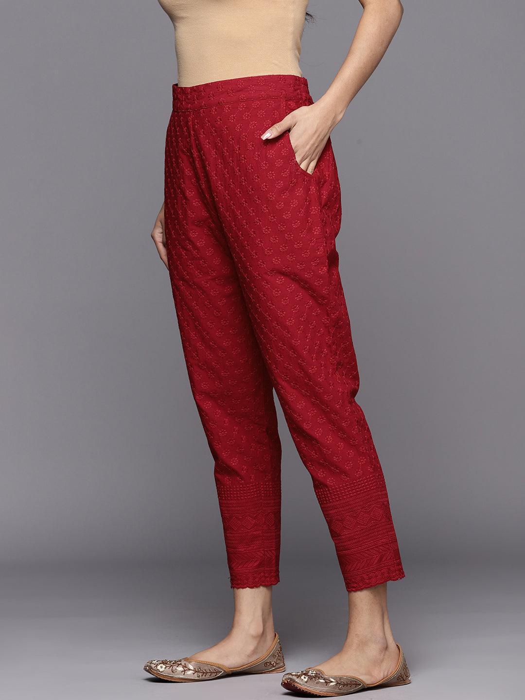 Maroon Embroidered Cotton Trousers - ShopLibas