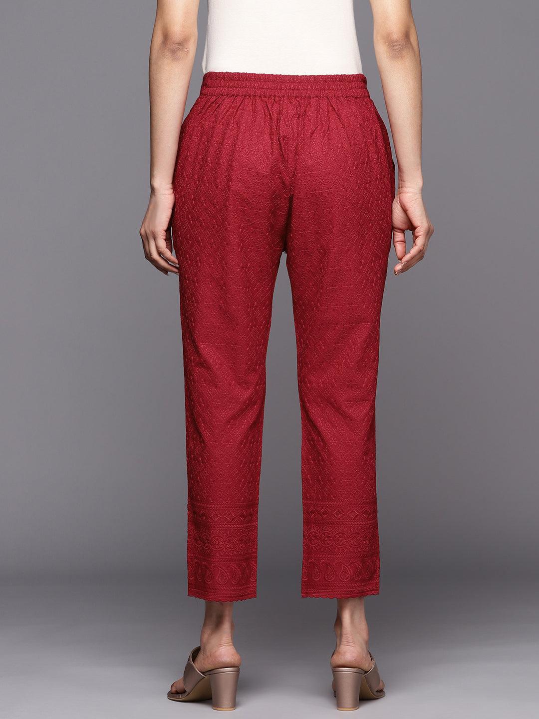 Maroon Embroidered Cotton Trousers - ShopLibas