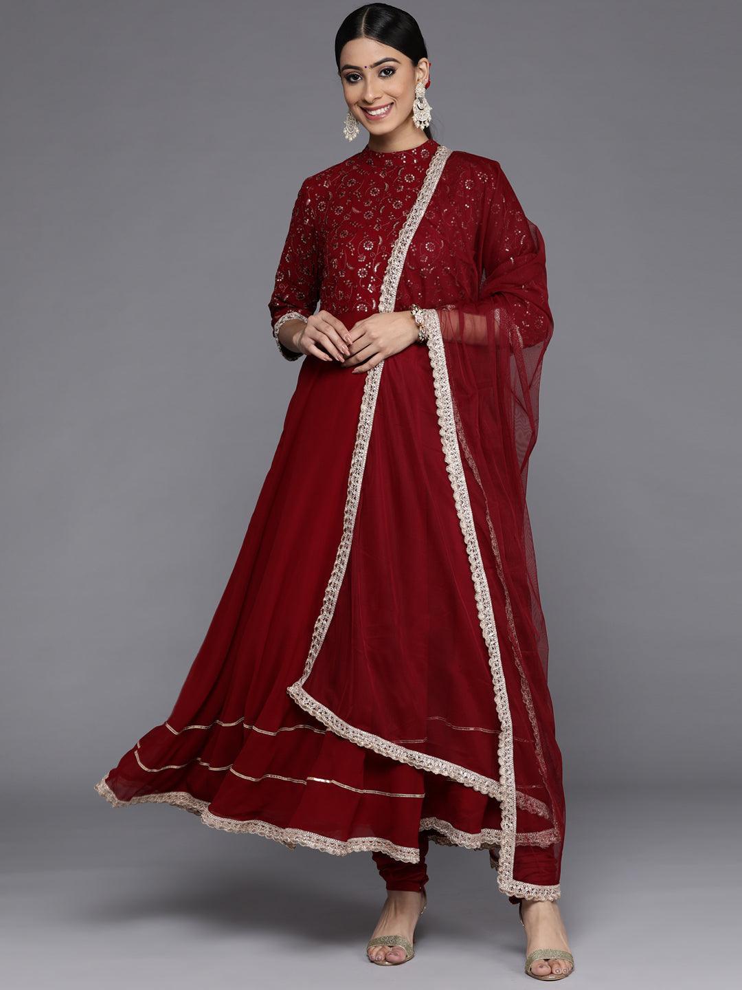 Maroon Embroidered Georgette Anarkali Kurta With Churidar & Dupatta