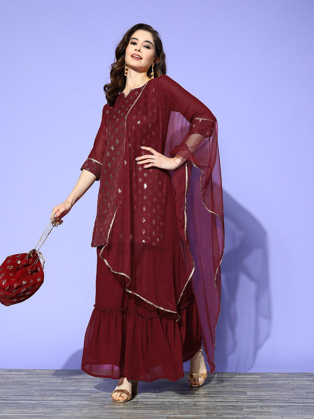 Maroon Embroidered Georgette Straight Kurta With Sharara & Dupatta