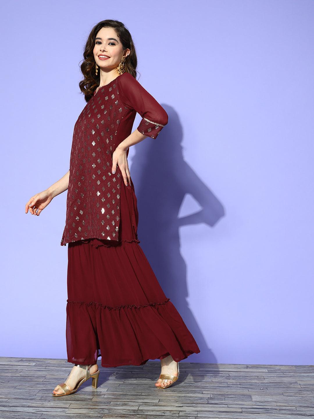 Maroon Embroidered Georgette Straight Kurta With Sharara & Dupatta