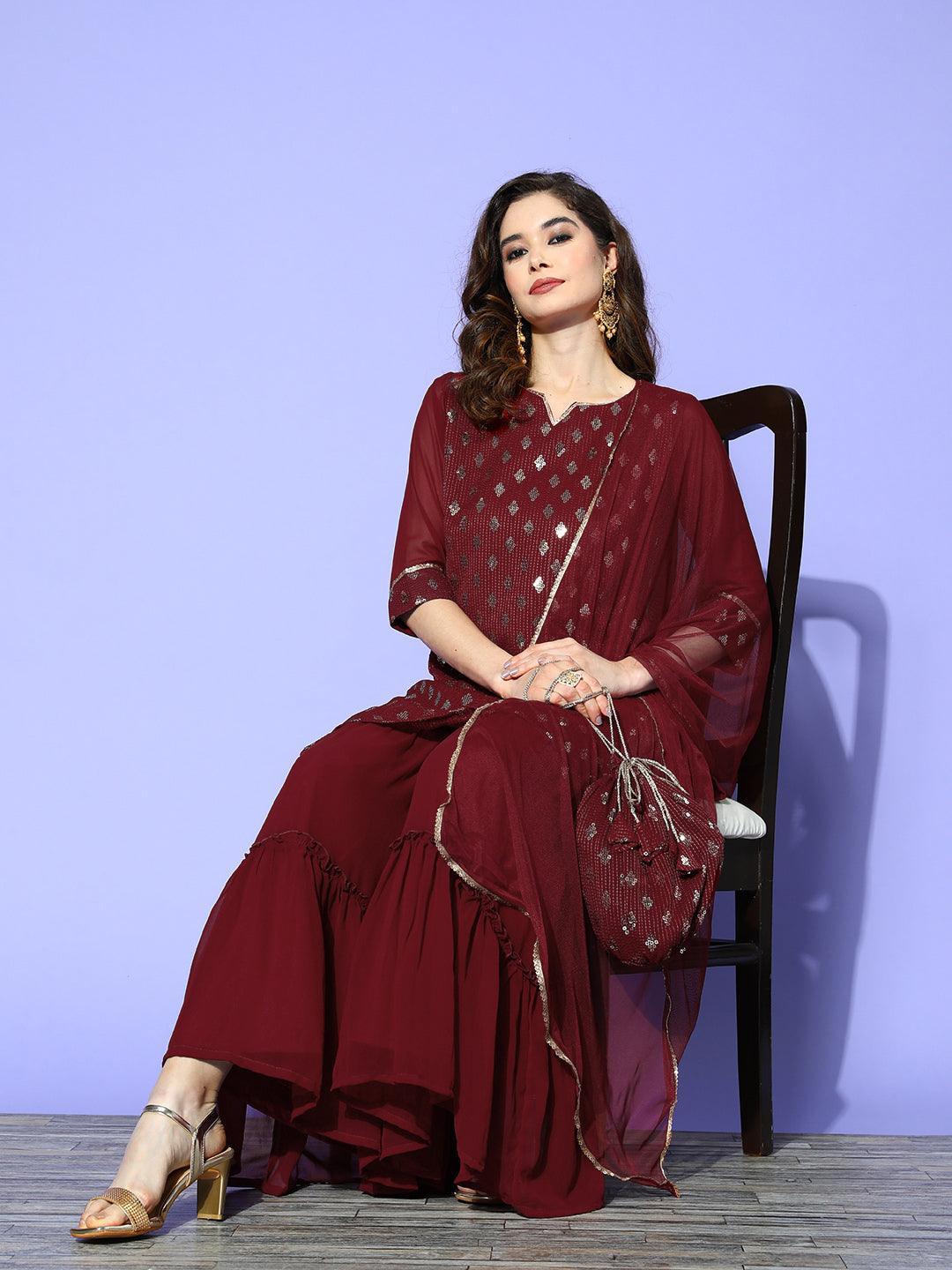 Maroon Embroidered Georgette Straight Kurta With Sharara & Dupatta