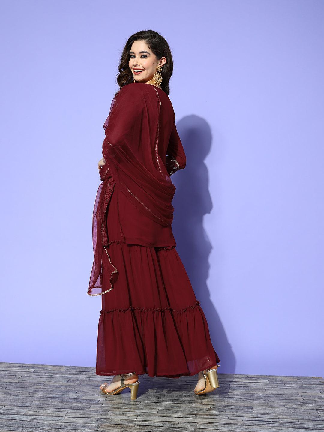 Maroon Embroidered Georgette Straight Kurta With Sharara & Dupatta